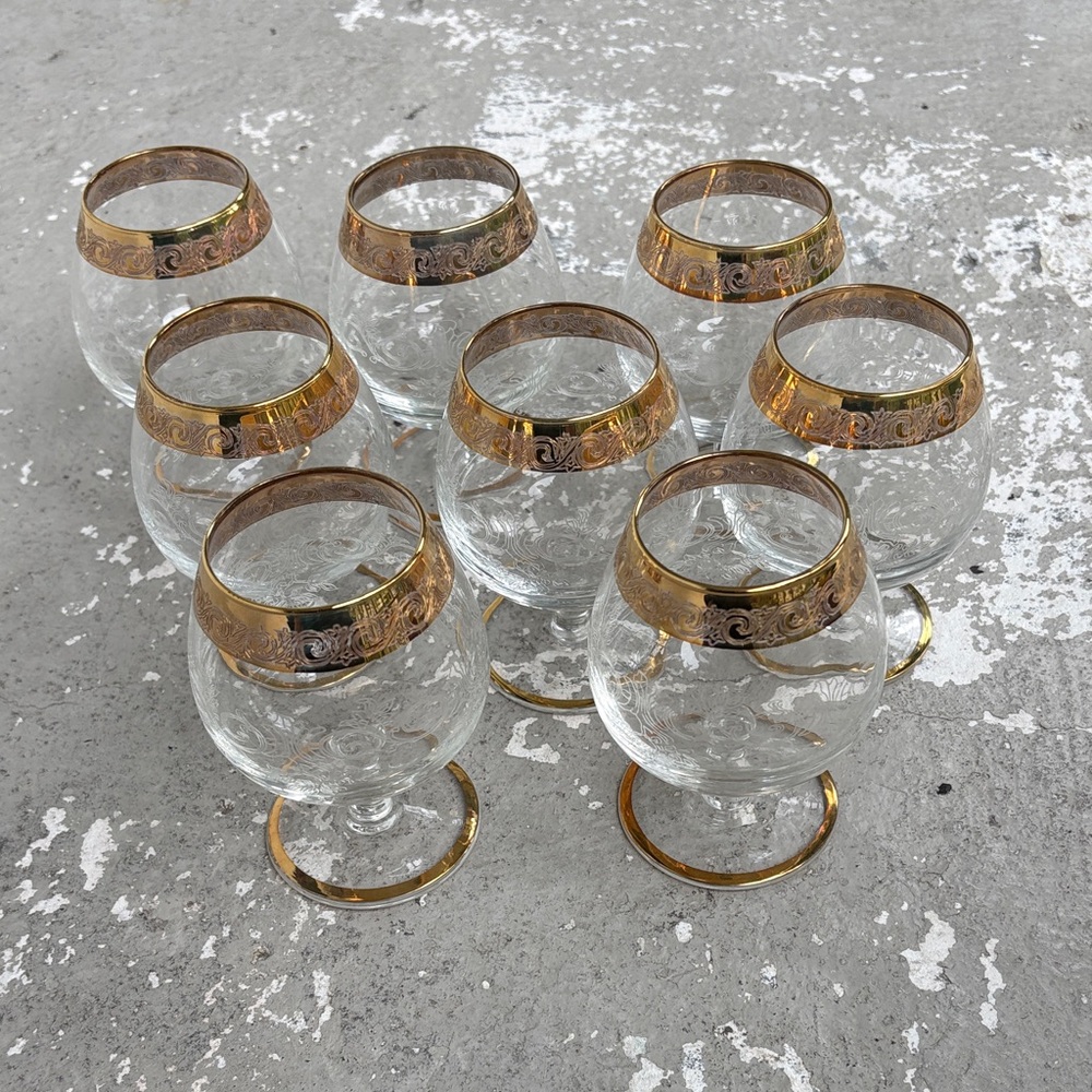 Vintage Murano etched Brandy glasses with gold